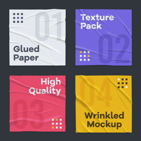Badly glued wrinkled crumpled 4 colorful square paper sheets texture banners set black background realistic vector illustrationのイラスト素材
