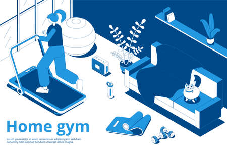 Home workout fitness physical condition cardio training isometric composition with young woman running on treadmill vector illustrationのイラスト素材