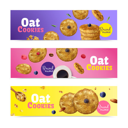 Set of three realistic oat cookies horizontal banners with editable brand name text and biscuit images vector illustrationのイラスト素材