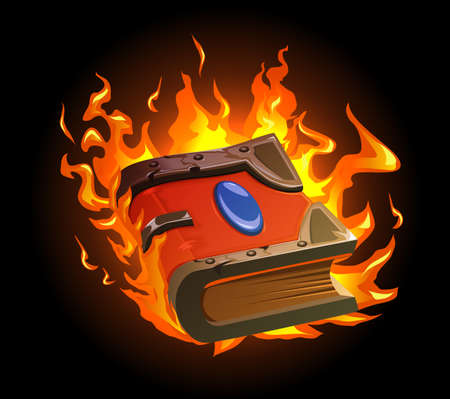Burning magic book cartoon concept with ancient manuscript symbols vector illustrationのイラスト素材