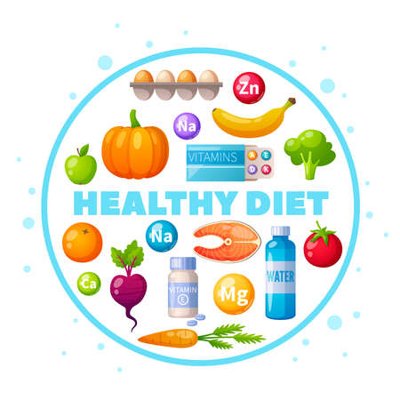 Nutritionist healthy eating diet advice cartoon circular composition with eggs salmon pumpkin fresh fruits vegetables vector illustrationのイラスト素材