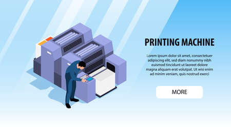 Polygraphy horizontal banner for advertising and more information about printing machines isometric vector illustrationのイラスト素材