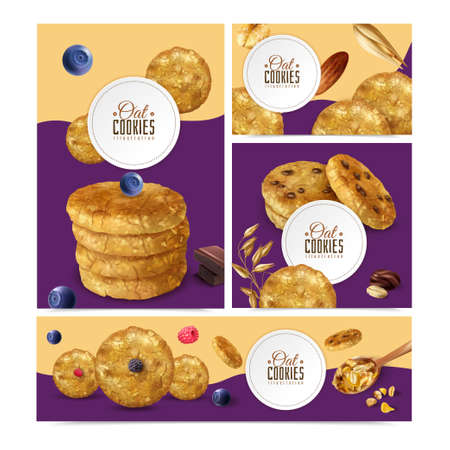 Realistic oat cookies set with banners of different size with editable text frames and biscuit images vector illustrationのイラスト素材