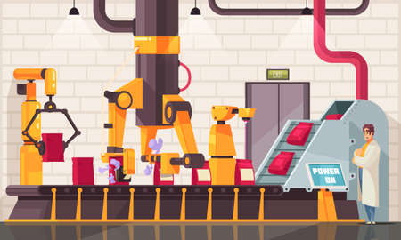Automated robotic packing conveyor composition with indoor view of industrial production facility and line of manipulators vector illustrationのイラスト素材