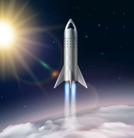 Rocket launch composition realistic with view of stratosphere with sun stars and futuristic flying rocket image vector illustrationのイラスト素材