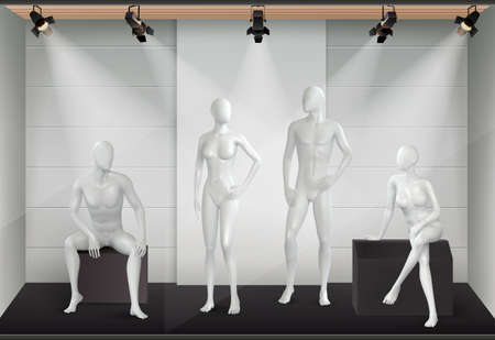 Mannequins realistic composition with view of shop display with light equipment and glazed human body models vector illustrationのイラスト素材