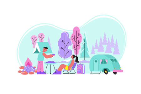 Bbq nature flat composition with outdoor landscape camper van and human couple having good time together vector illustrationのイラスト素材