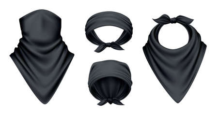 Bandana scarf buff handkerchief reailstic black set with isolated images on blank background with different models vector illustrationのイラスト素材