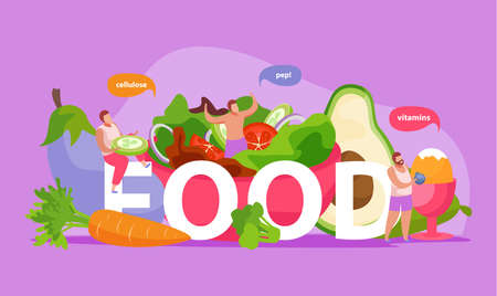 Healthy and super food flat composition of text and organic products with people and thought bubbles vector illustrationのイラスト素材