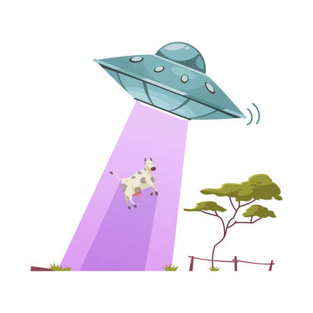 Aliens abducting cow cartoon vector illustrationのイラスト素材