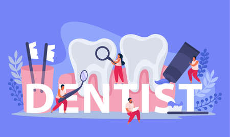 Dental health flat composition with text surrounded by doodle human characters and instruments with tooth images vector illustrationのイラスト素材
