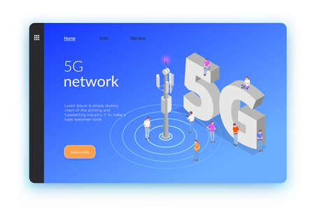 Wireless technologies isometric banner or landing page with five g network headline and links vector illustrationのイラスト素材