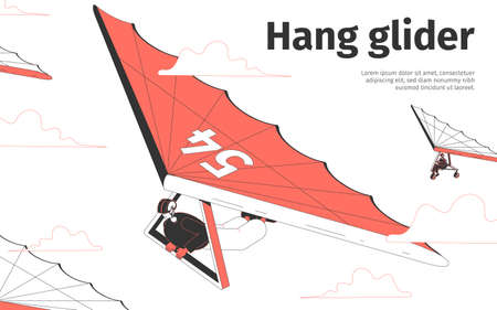 Hang gliders flying in sky 3d isometric vector illustrationのイラスト素材