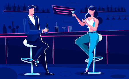 Night club bar flat composition with indoor scenery and people sitting at bar stands drinking alcohol vector illustrationのイラスト素材