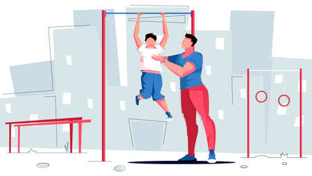Sport dad horizontal bar flat composition with sports ground scenery cityscape background and family human characters vector illustrationのイラスト素材