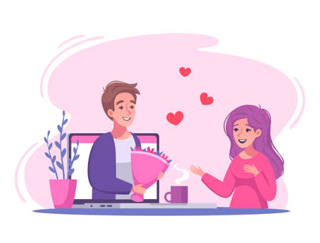 Virtual relationships online dating cartoon composition of guy with flowers on laptop screen dating with girl vector illustrationのイラスト素材