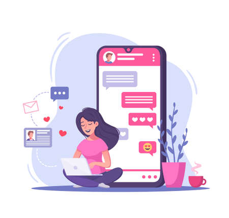 Virtual relationships online dating cartoon composition with girl sitting in front of smartphone with love chat vector illustrationのイラスト素材