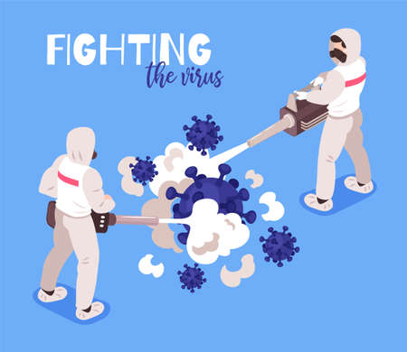 Virus outbreak medicine isometric composition with medical staff in protective clothing fighting coronavirus blue background vector illustrationのイラスト素材