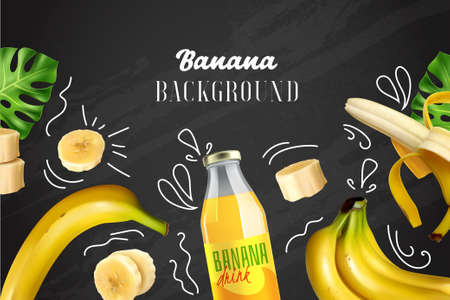 Banana colored background with realistic images of whole and chopped fruit and bottle with drink on chalkboard vector illustrationのイラスト素材