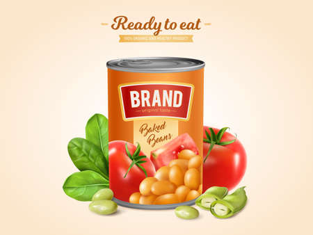 White baked beans in tomato sauce tin ready to eat realistic advertising composition with lettuce  vector illustrationのイラスト素材