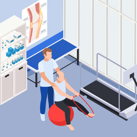 Rehabilitation clinic doctor office interior isometric composition with physiotherapist assisting stability ball balance stretch  exercises vector illustrationのイラスト素材