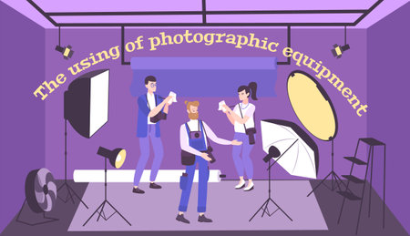 Photo equipment flat composition of text and photography studio indoor scenery with people and...