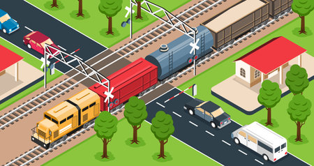 Freight train on railway crossing 3d isometric vector illustrationのイラスト素材
