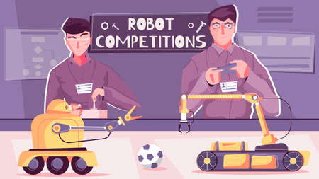 Robot competition flat composition with characters of scientist students controlling their vehicle...