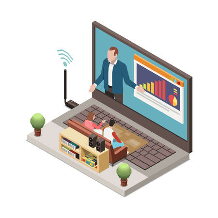 Online presentation remote work composition with laptop computer wireless modem and presenter on screen vector illustrationのイラスト素材