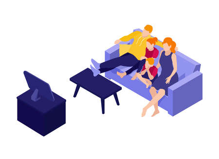 Isometric online cinema composition with family sitting on sofa watching tv vector illustrationのイラスト素材