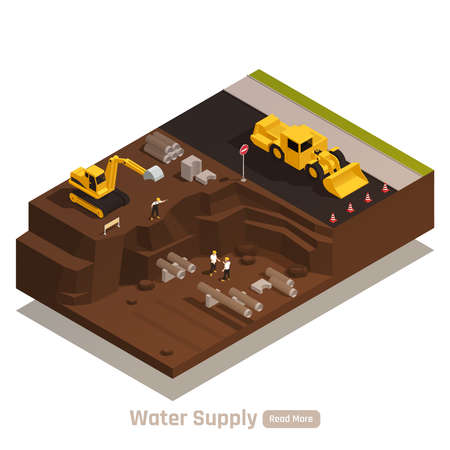 Water supply system isometric web page element with bulldozer excavator digging trenches for pipes installation vector illustrationのイラスト素材