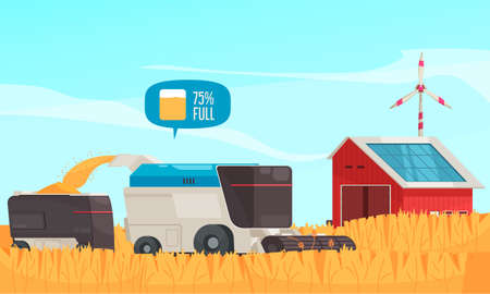 Smart farm composition with outdoor field scenery and automated harvester machines and barn with solar batteries vector illustrationのイラスト素材