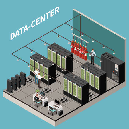 Isometric and colored datacenter composition with server room security and it staff vector...