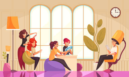 Makeup beautician stylist composition with beauty salon interior indoor scenery and female clients during cosmetic procedures vector illustrationのイラスト素材