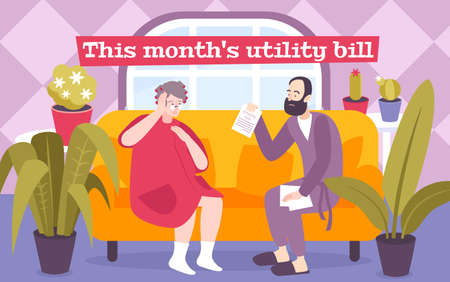 Shock payment utilities bill flat composition with text and home interior with people holding payment obligation vector illustrationのイラスト素材