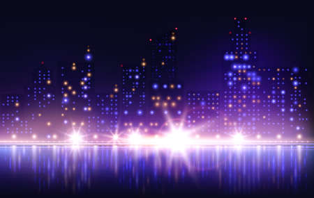 Night city lights composition with river embankment scenery and reflections with tall houses and glowing windows vector illustrationのイラスト素材
