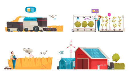Smart farm set with isolated compositions of automated vehicles and modern farming solutions with clean energy vector illustrationのイラスト素材