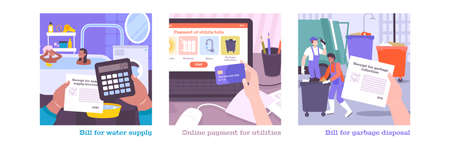 Utility services flat set of square compositions with human hands holding payment obligations and credit cards vector illustrationのイラスト素材