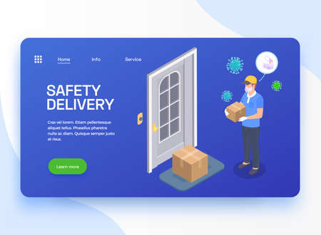 Delivery company service isometric web site landing page with coronavirus protected courier clickable button and links vector illustrationのイラスト素材