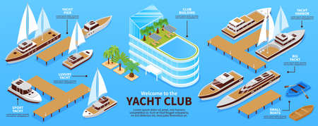 Infographis with various types of yachts boats pier and club building on blue background 3d isometric vector illustrationのイラスト素材