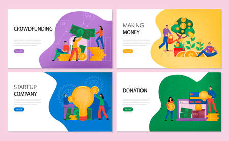Crowdfunding horizontal banners set with making money symbols flat isolated vector illustrationのイラスト素材
