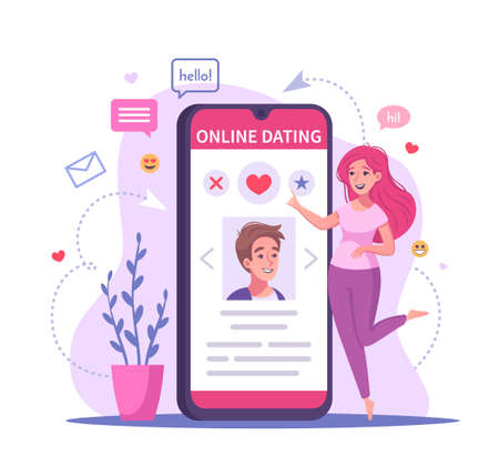Virtual relationships online dating cartoon composition with image of smartphone with dating app and messaging icons vector illustrationのイラスト素材