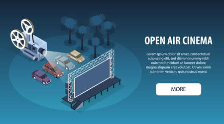 Isometric open air cinema horizontal banner with row of cars in front of screen with projector vector illustrationのイラスト素材