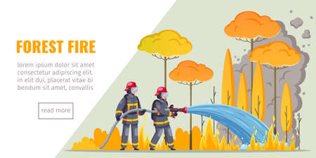 Firefighters horizontal banner with cartoon images of firemen suppressing forest fire text and read more button vector illustrationのイラスト素材