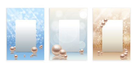 Realistic pearls set of backgrounds with frames and empty space surounded by flares and light rays vector illustrationのイラスト素材