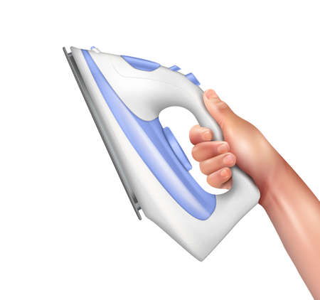 Iron in hand realistic composition wireless lilac iron isolated on white background vector illustrationのイラスト素材