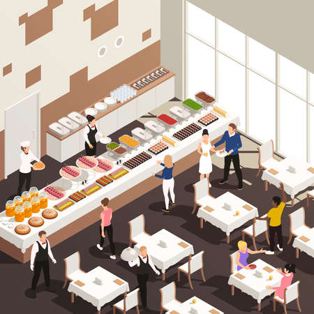 Corporate events celebrations catering service hall isometric view with white table linens snacks beverages buffet vector illustrationのイラスト素材