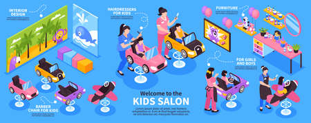 Isometric infographics with beauty salon interior for kids with children toys furniture posters 3d vector illustrationのイラスト素材