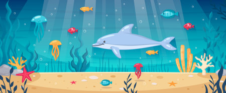 Diving snorkeling underwater world cartoon background with dolphin starfishes ocean floor seaweeds coral reef vector illustrationのイラスト素材