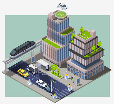 Smart city technologies isometric composition with image of city block with remote vehicles buildings and people vector illustrationのイラスト素材